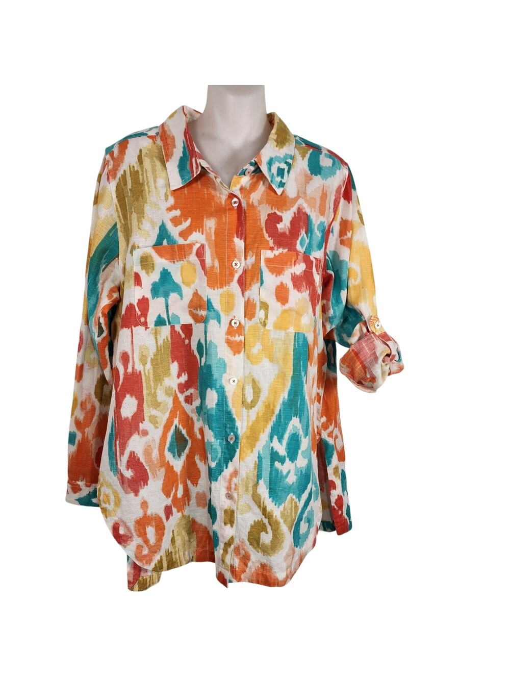 Tizzie Womens Shirt Large Button Coastal Linen Blend Artsy Beachy Roll Tab Color